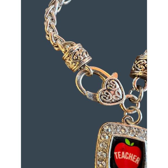 Teacher Apple Square Charm Bracelet Classic Silver Plated - Picture 10 of 11